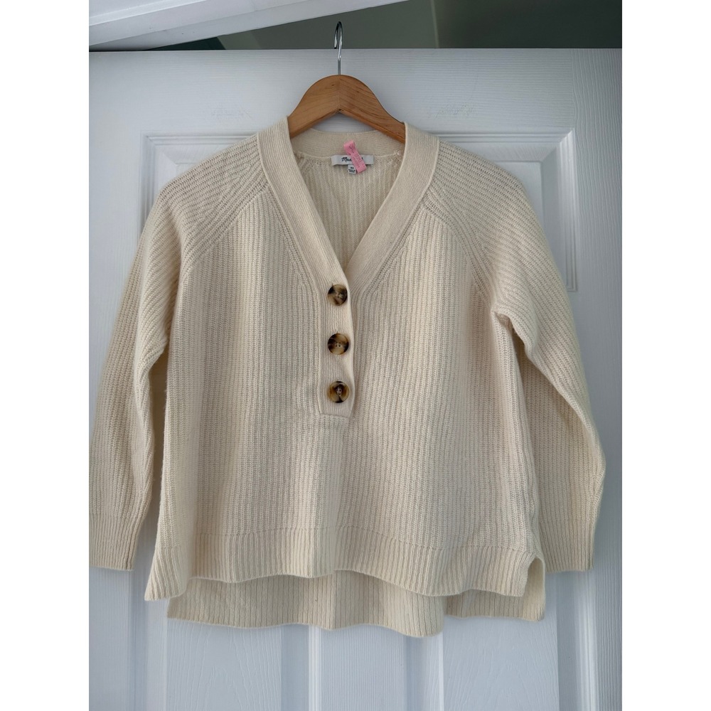 Madewell Knit Cream Long Sleeve Button V Neck Sweater Fishermancore
